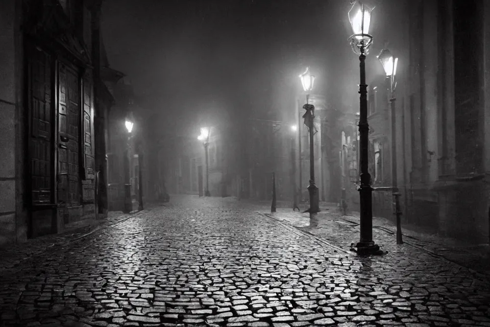 Image similar to wet plate, empty night along cobblestone street in vienna, night time, alone, lamplight, victorian era, depth of field, very detailed, fog, highly accurate, intricate