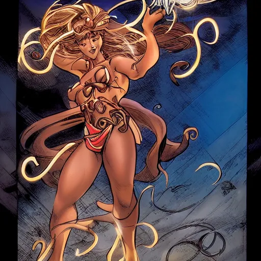 Prompt: a young female brown skinned brown haired genie, with abs, emerging from a lamp, rippling with magic, smiling enthusiastically appearing as a character in volume 6 of Metabarons, drawn by Mobius - masterpiece of evocative linework and expressive colours