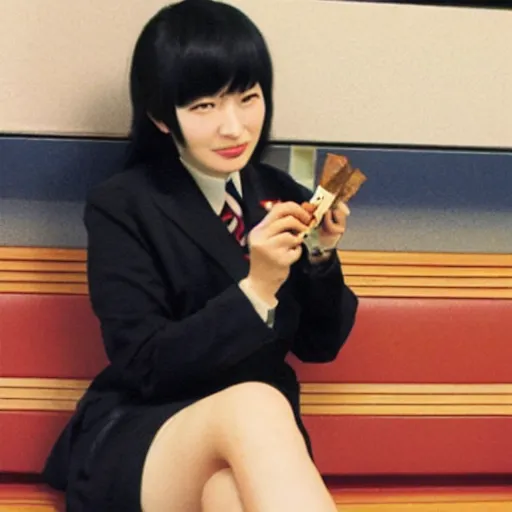 Prompt: yumeko jabami smoking a cigar at subway