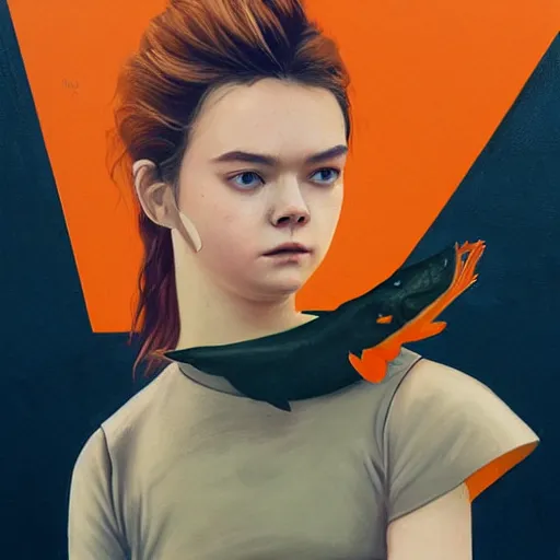 Prompt: Elle Fanning as Solid Snake holding a fish bowl with an orange gold fish inside picture by Sachin Teng, asymmetrical, dark vibes, Realistic Painting , Organic painting, Matte Painting, geometric shapes, hard edges, graffiti, street art:2 by Sachin Teng:4