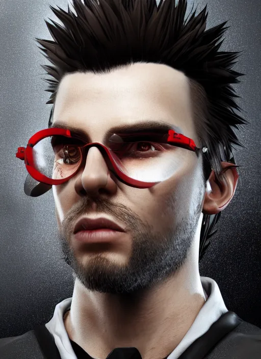 Image similar to An epic fantasy comic book style portrait painting of young man with red spiked long hair, using googles. Wearing a black waistcoat, white shirt. Unreal 5, DAZ, hyperrealistic, octane render, cosplay, RPG portrait, dynamic lighting