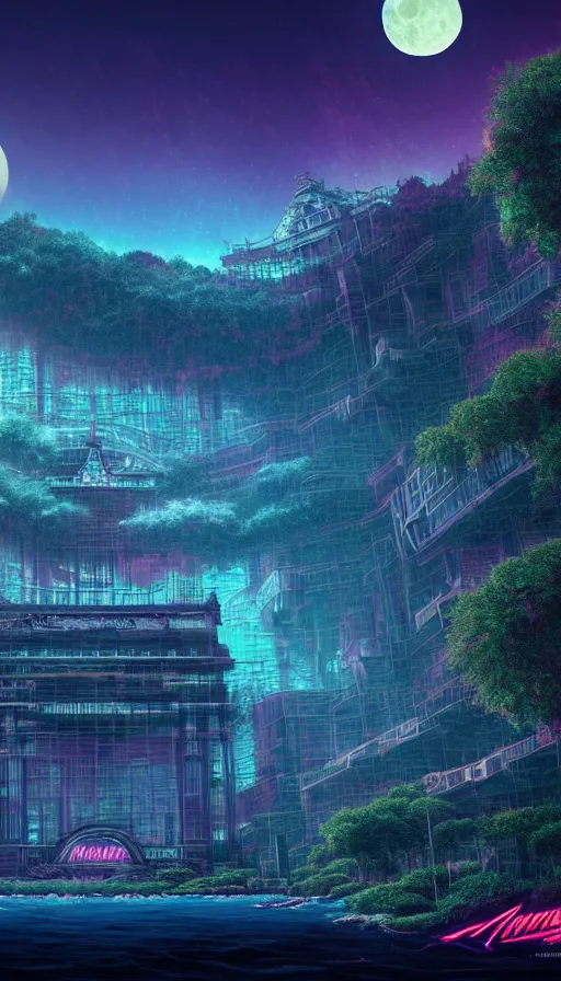 Prompt: reclaimed by nature by moon hoon, darkacademia atlantis cosmic san andreas at dawn neon signs tokyo synthwave universe, archdaily, wallpaper, highly detailed, trending on artstation.