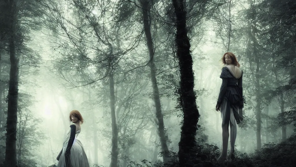 Image similar to eleanor tomlinson in the dark forest. andreas achenbach, artgerm, mikko lagerstedt, zack snyder, tokujin yoshioka