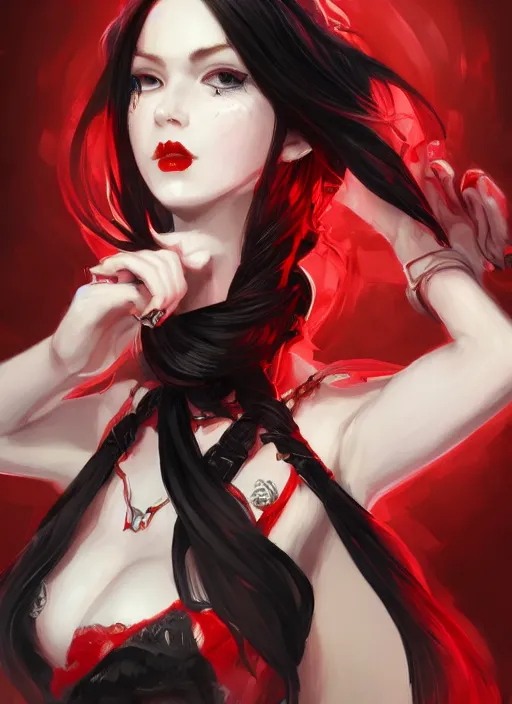 Image similar to a highly detailed illustration of beautiful long hime cut black hair white woman wearing a red battle dress, red eyes, dramatic smile pose, intricate, elegant, highly detailed, centered, digital painting, artstation, concept art, smooth, sharp focus, league of legends concept art, WLOP