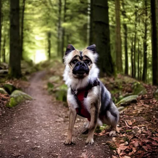 Prompt: dog looking at camera in les vosges forest at night, far away from camera, 70s photo, out of focus, motion blur, cctv footage