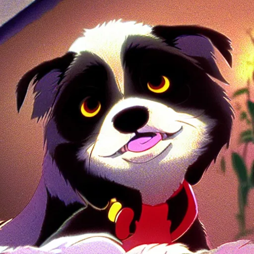 Prompt: a wholesome animation key shot of black tibetan spaniel, studio ghibli, pixar and disney animation, sharp, dramatic lighting