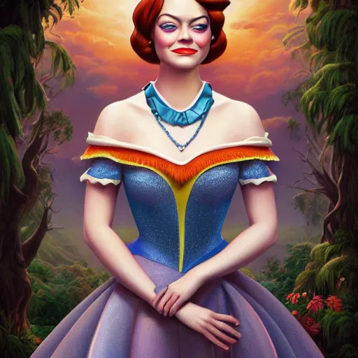 Image similar to Full body digital painting of Emma Stone as a Disney princess wearing snow white's dress, Pixar style, professional studio lightening, volumetric lightening, photorealism by Tristan Eaton Stanley Artgerm and Tom Bagshaw