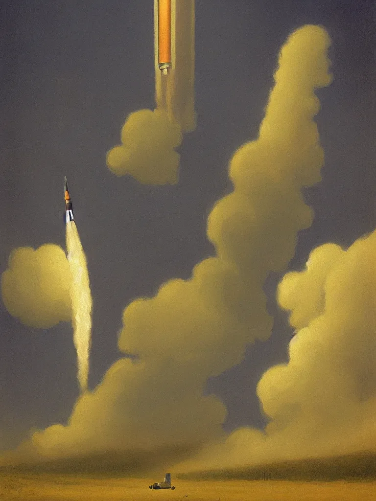 Prompt: a _ painting _ of _ a _ scifi _ rocket _ by _ peter _ ilsted