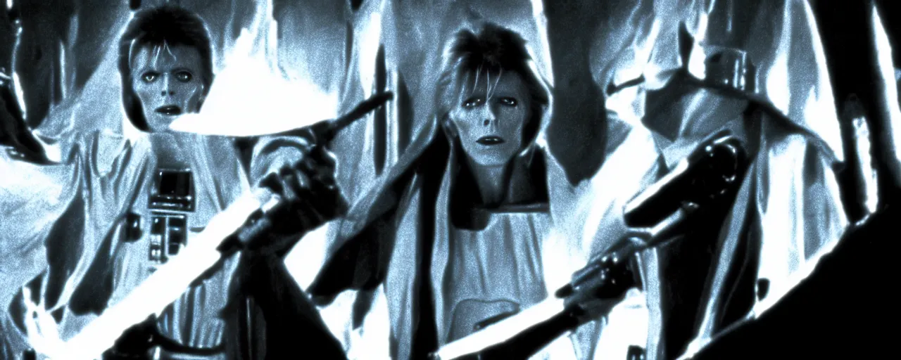 Image similar to a film still of David Bowie in Star Wars 1977 high quality .