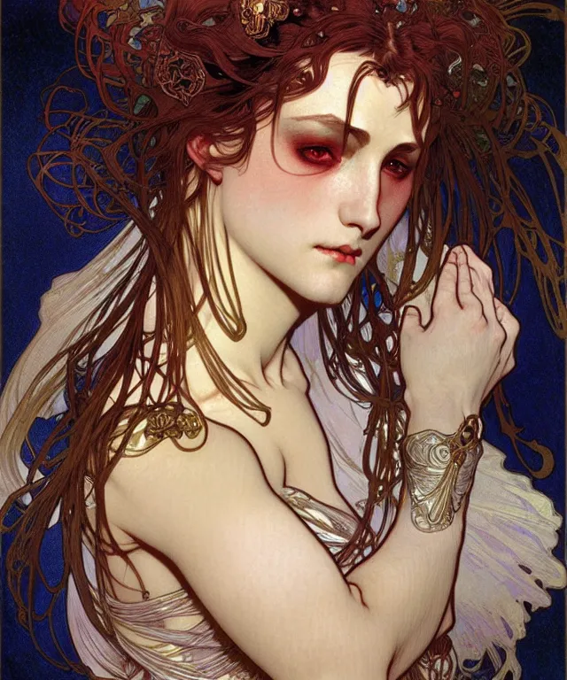 Prompt: realistic detailed face portrait of a beautiful noble vampire king by alphonse mucha, ayami kojima, amano, greg hildebrandt, and mark brooks, male, masculine, art nouveau, neo - gothic, gothic, character concept design
