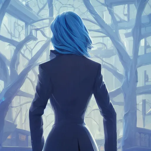 Prompt: low - angle shot from behind of a long blue - haired girl in a tailcoat overlooking demacia, noir, screenshot, sharp focus, intricate, illustration, cell shaded, digital painting, highly detailed, straight hair, art by ilya kuvshinov, wlop, greg rutkowski, studio quality, james jean