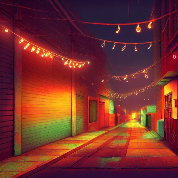 Prompt: Downtown Mexico alley, string lights, colorful lighting, night, realism, rule of thirds photo, intricate abstract, ((gta 5 screenshot house)), by Tooth Wu, by Greg Rutkowski, studio Ghibli