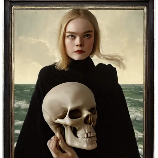 Prompt: Elle Fanning in a black robe holding a skull on the beach, head and shoulders portrait, stormy weather, extremely detailed masterpiece, Roger Deakin’s cinematography, oil on canvas, Norman Rockwell,