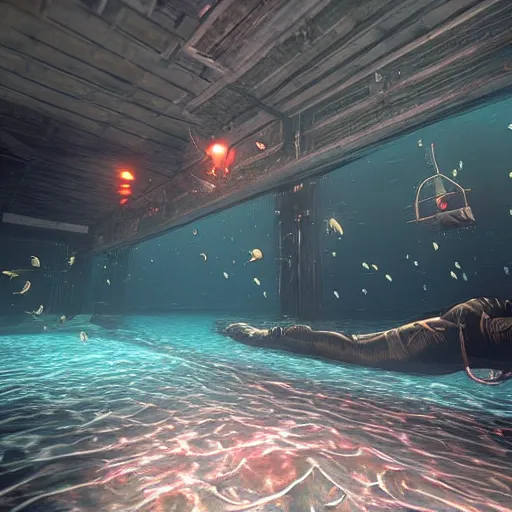 Image similar to rapture bioshock, city at sea floor, water, submerged, seaweed, fish, realistic, detailed, underwater, dark, underwater underwater underwater underwater underwater