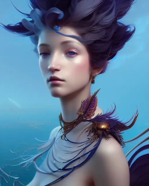 Prompt: rhythm of the wind, beauty portrait, azure. detailed hair, fractal feathers, harp, ornate, intricate environment, fantasy art by ilya kuvshinov, peter mohrbacher, greg rutkowski, ross tran, craig mullins, thomas kinkade, victo ngai. unreal engine 5 highly rendered, blender, octane, ray tracing. sharp focus, post processing