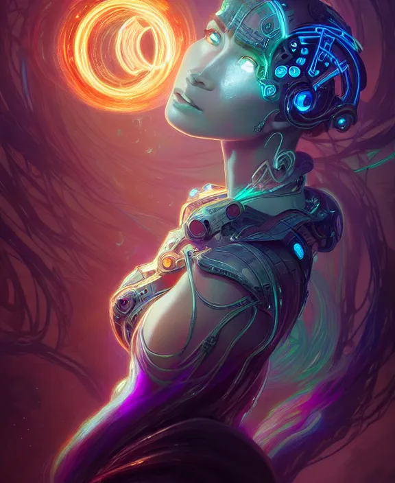 Image similar to a whirlwind of souls rushing inside the metaverse, half body, glowin eyes, tiara, pharaoh, android, cyborg, cyberpunk face, by loish, d & d, fantasy, intricate, elegant, highly detailed, colorful, vivid color, digital painting, artstation, concept art, art by artgerm and greg rutkowski and alphonse mucha