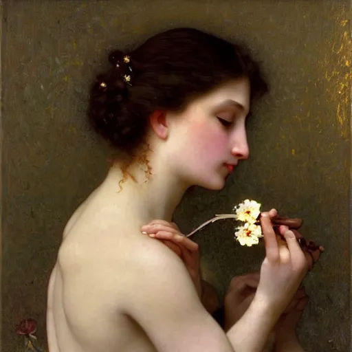 Image similar to painting portrait of a woman eating a flower, intricate, elegant, digital painting, smooth, sharp focus, shiny gold, realistic gold, realistic metal, by William-Adolphe Bouguereau and Gustav Klimt,