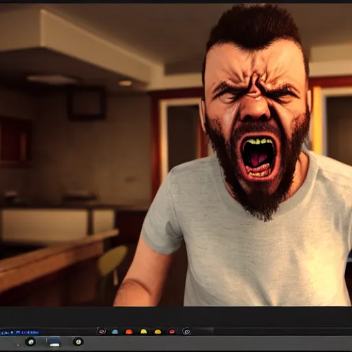 Image similar to an angry man yells at his computer monitor, unreal 4, render