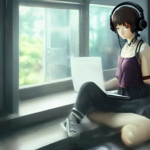 Prompt: anime girl studying with headphones on, realistic, 8 k, extremely detailed, cgi, trending on artstation, hyper - realistic render, by greg rutkowski