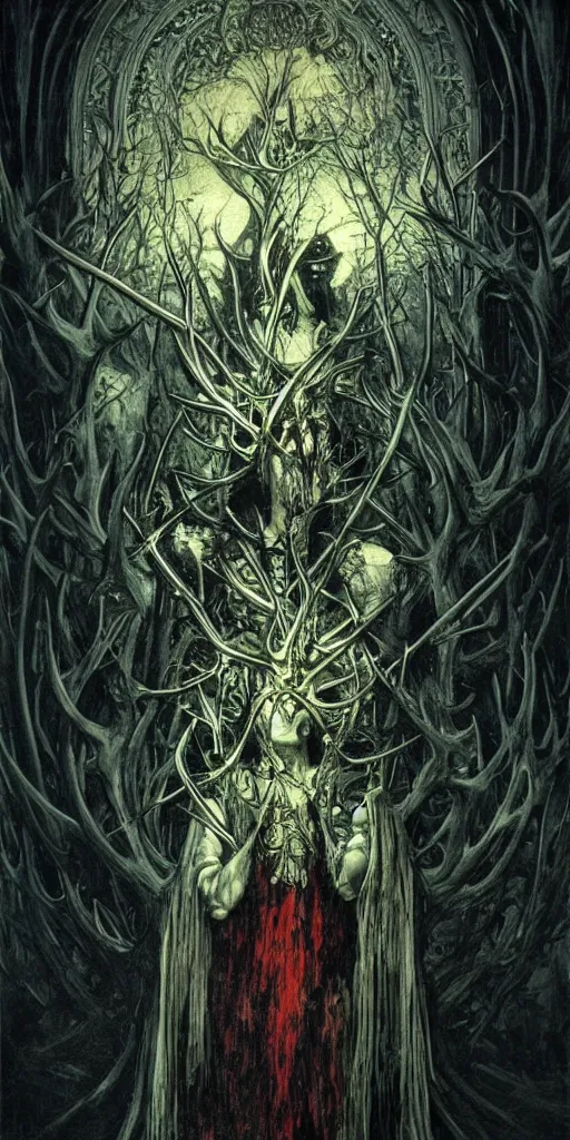 Image similar to intense glowing black metal pagan god with veins and antlers and intense pure black eyes and a blood skull in very dark wooden cathedral by beksinski and alphonse mucha and artgerm, portrait, fantasy, clear, light beams, lens flare, intense, uhd, amazing depth, cinematic lighting, shining gold and black and red