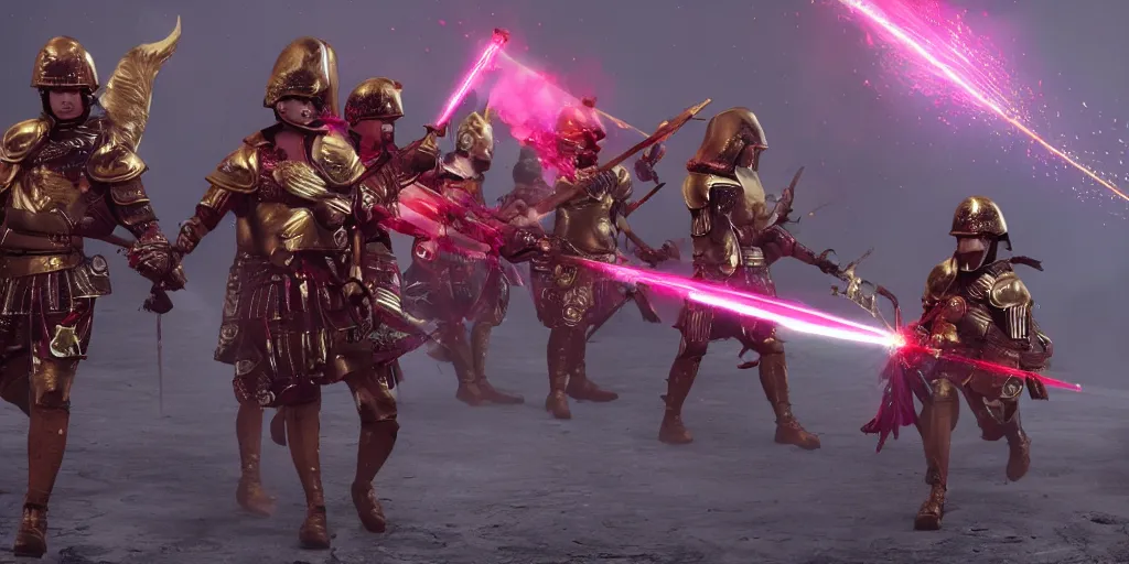 Image similar to futuristic roman army, red and gold with purple lasers, dramatic, cinematic, unreal engine