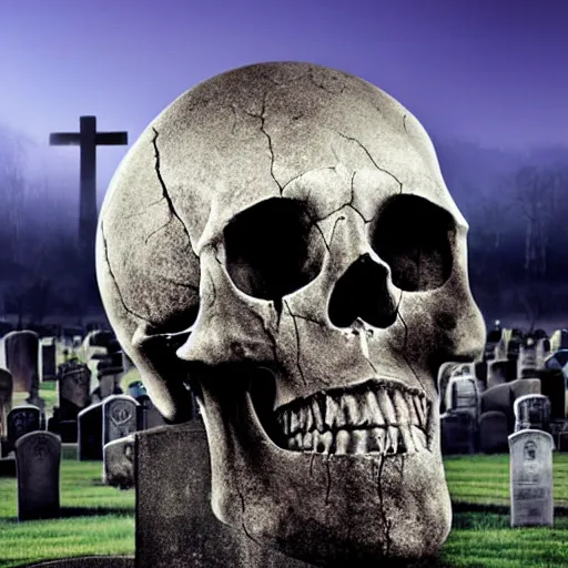 Image similar to giant skull hovering over graveyard, realistic shattered human skull, nighttime award winning photography