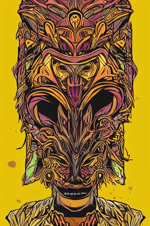 Image similar to animal mask totem roots flower tribal feather gemstone plant wood rock shaman vodoo video game vector cutout illustration vivid multicolor borderlands comics by josan gonzales and dan mumford radiating a glowing aura