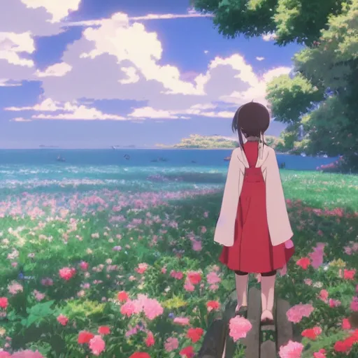Prompt: the back view of an anime girl with medium and long hair standing in the sea of roses, relaxing, calm, cozy, peaceful, by mamoru hosoda, hayao miyazaki, makoto shinkai