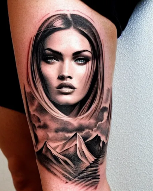 Image similar to double exposure tattoo design sketch of megan fox and beautiful mountains, surrealism tattoo, in the style of matteo pasqualin, amazing detail, sharp