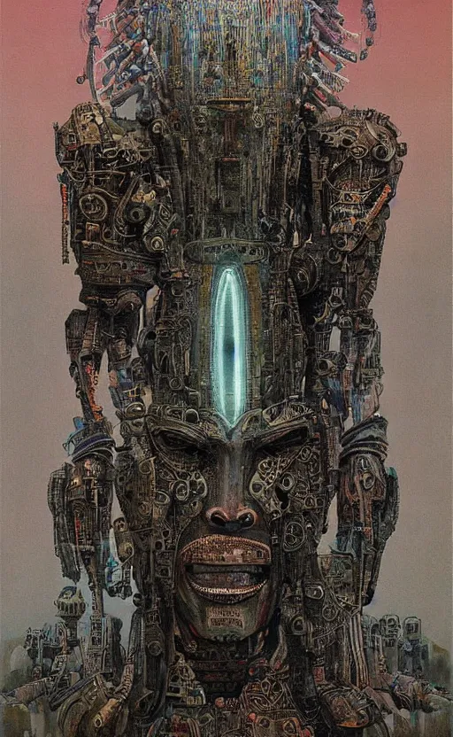 Prompt: portrait of mecha african tribal chief, insibidi symbols, symmetrical, dramatic lighting, art by zdzislaw beksinski,