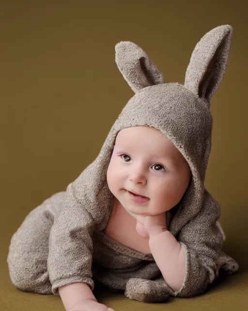 Image similar to annie leibovitz headshots of an adorable human infant rabbit hybrid, 5 0 mm soft focus