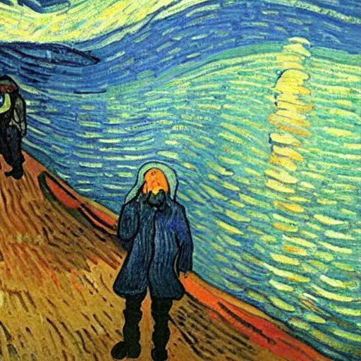 Prompt: a guy with white hoodie in the abyss of the sea, very deep, by van gogh