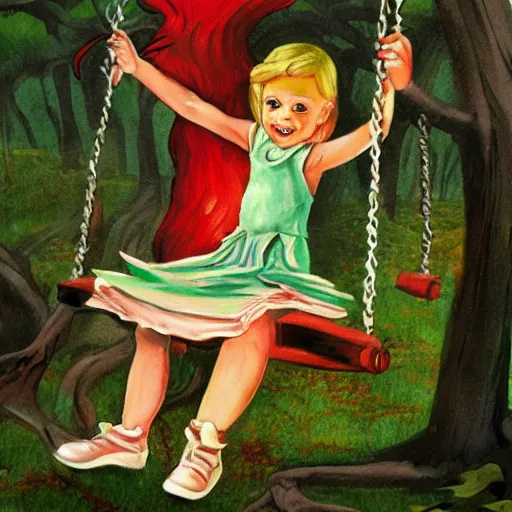 Image similar to fantasy painting of a little girl on a swing by dr seuss | horror themed | creepy