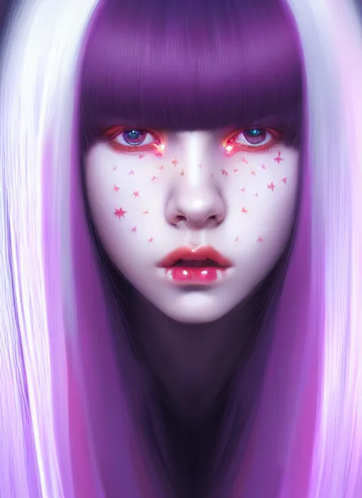 Image similar to hair whitebangs hair, black hair, whitebangs, portrait of teenage girl with white bangs, red irises, purple clothes, white bangs, bangs are different color from hair, intricate, elegant, glowing lights, highly detailed, digital painting, artstation, concept art, smooth, sharp focus, illustration, art by wlop, mars ravelo and greg rutkowski