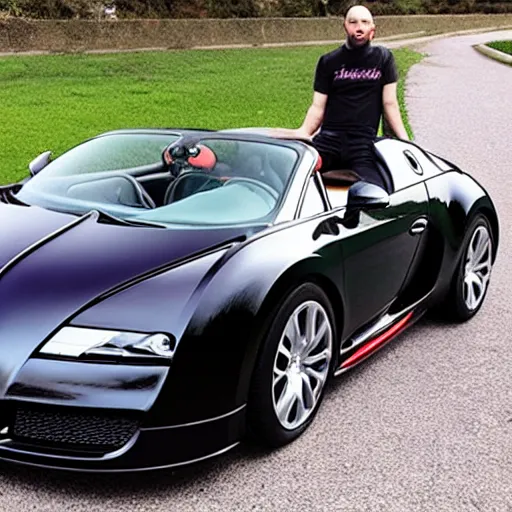 Image similar to andrew tate sitting on a bugatti