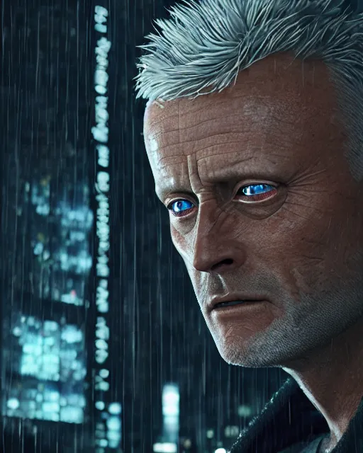 Image similar to a close up portrait of roy batty from blade runner, rainy streets in the background, digital art by joseph karl stieler and ross tran, highly detailed, octane render, trending on artstationhq