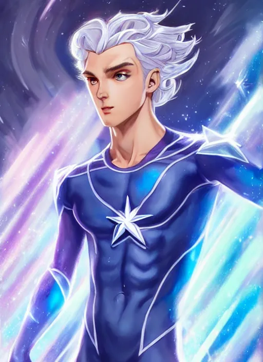 Image similar to full body portrait of quicksilver as a magical star guardian. detailed face, concept art, intricate, highly detailed 8 k, smooth, sharp focus, beautiful and aesthetic shape of face and body, artgerm, artstation, art by zexi guo and nira and junpei suzuki and gharliera and rinotuna