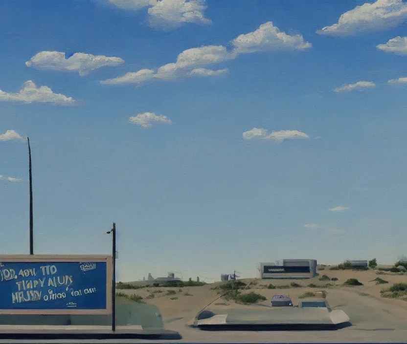 Image similar to a very detailed painting of one billboard which has written do aliens exist? on it, baby blue sky with very aesthetic stylized clouds, in the style of edward hopper, very small brushstrokes, 4 k,