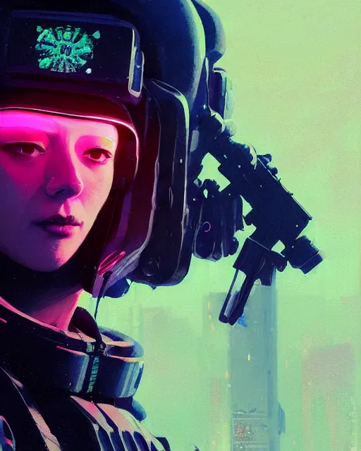 Image similar to detailed neon female swat officer flying a plane, cyberpunk futuristic, neon, reflective puffy coat, decorated with traditional japanese by ismail inceoglu dragan bibin hans thoma greg rutkowski alexandros pyromallis nekro rene margitte, aerial view, illustrated, perfect face, fine details, realistic shaded, fine - face, pretty face