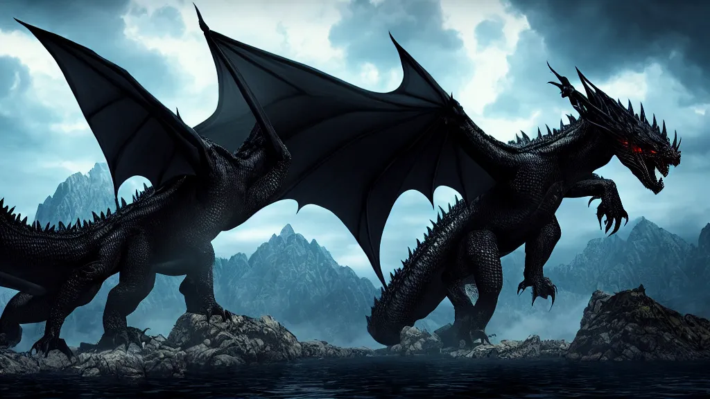 Prompt: Ancalagon the black, the biggest dragon that ever lived, over towering the huge mountains of Thangorodrim, in focus, epic, cinematic lighting, Unreal Engine 5, film key art, Bloom, dramatic lighting, cg artist