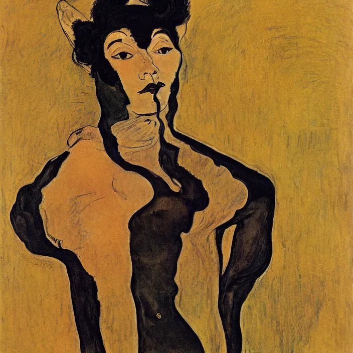 Image similar to portrait of a panther woman. henri de toulouse - lautrec,, egon schiele, aubrey beardsley, moebius