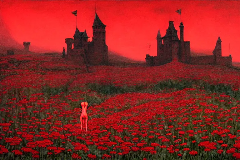 Image similar to only with red, red flowers of different types, a red tiger, a castle in the background, medieval demons dance over the flowers, an ancient path, in the style of beksinski, part by hopper, part by rodcenko, part by hofbauer, intricate composition, red by caravaggio, insanely quality, highly detailed, masterpiece, red light, artstation