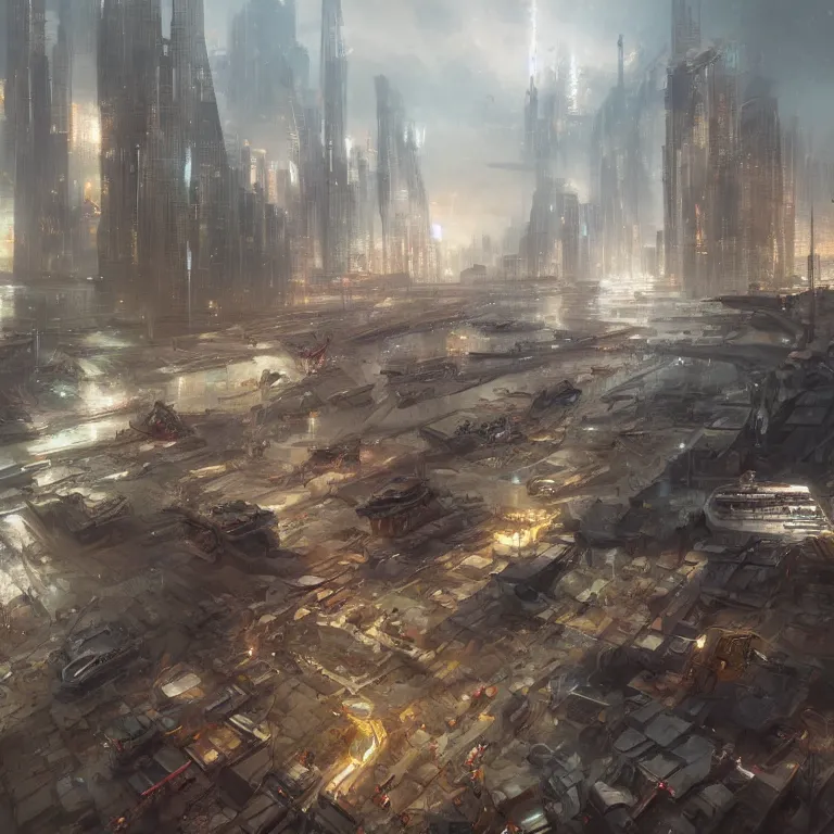 Prompt: a sprawling science fiction city harbour, painted by ruan jia and mandy jurgens and artgerm and william - adolphe bouguerea