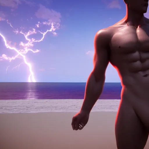 Image similar to HOT Anime man on the beach, cinematic lightning, medium shot, mid-shot, highly detailed, trending on artstation, Unreal Engine 4k,