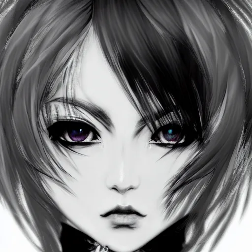 Prompt: Highly detailed Renaissance oil portrait of an anime girl with white hair and black eyes wearing three piece suit in the style of Yoshitaka Amano and Final Fantasy drawn with expressive brush strokes, abstract black and white background, film grain effect