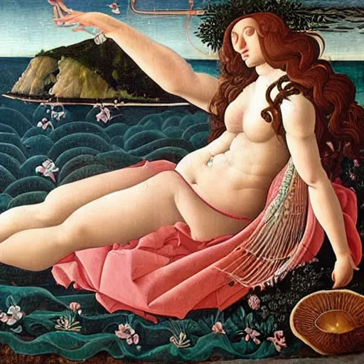 Image similar to an ultradetailed mythological oil painting of a beautiful woman with long brown hair, full body, wearing pink floral gown, lying asleep inside a giant scallop shell, near the seashore, intricate lines, elegant, renaissance style, by sandro botticelli