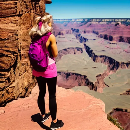 Image similar to a young woman with long pink hair looking at grand canyon, hiking clothes, tank top, backpack, arizona, grand canyon in background, cinematic, beautiful, stunning, morning, epic, 8 k