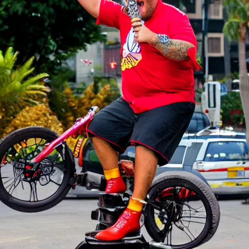 Prompt: guy fieri riding unicycle eating hot dog