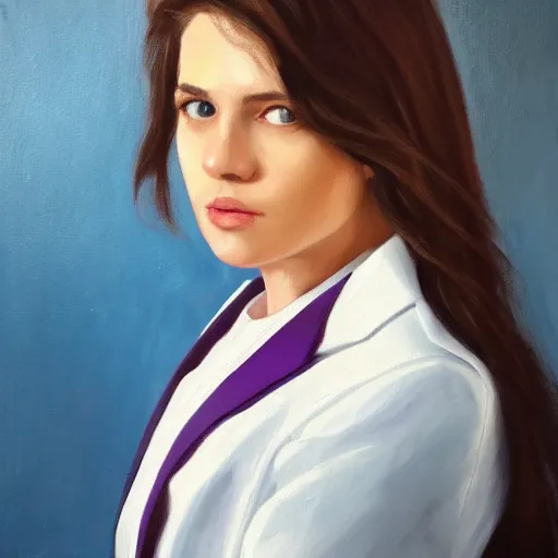 Image similar to 1 8 year old white shirt, purple blazer jacket, brunette, beautiful woman, determined, fearless, sharp looking portrait, oil painting