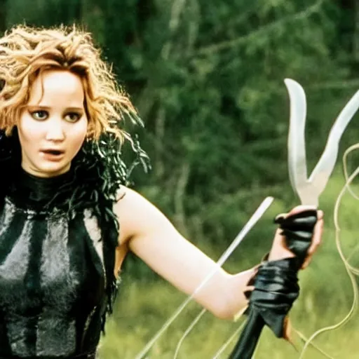 Prompt: still of Jennifer Lawrence as Elaine Scissorhands in remake of movie Edward Scissorhands (2029)